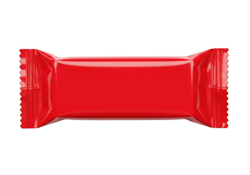 A bright red rectangular chocolate bar wrapper in a glossy finish isolated on transparent background