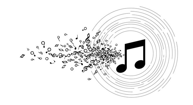 Black music note exploding into symbols.