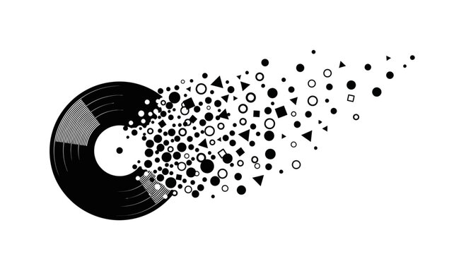 Black vinyl record with flying particles.