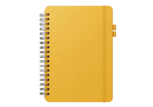 A spiral-bound notebook with a yellow cover and blank pages ready for writing isolated on transparent background