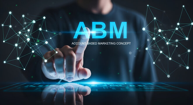 Futuristic digital interface showing ABM account-based marketing abbreviation on virtual touchscreen with glowing blue light as a hand interacts with business strategic corporate software.