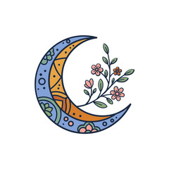 Boho style crescent moon with floral branch illustration.