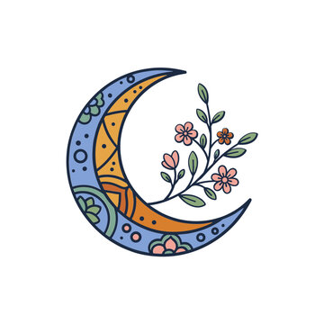 Boho style crescent moon with floral branch illustration.