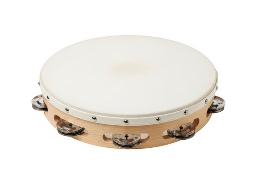 Handcrafted wooden frame tambourine with jingles and drumhead isolated on transparent background