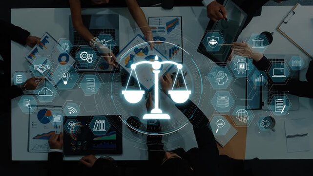 Diverse business professionals engage in a collaborative meeting, analyzing data and discussing legal concepts, featuring digital scales symbolizing justice and balance. Raster