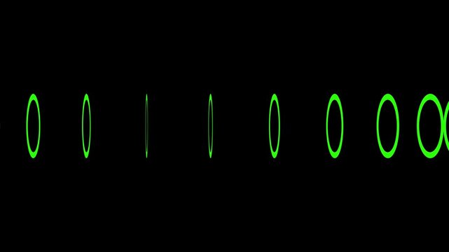 Green digital HUD circles expanding on black background. Abstract futuristic radar or data visualization interface.