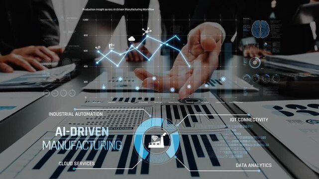 Explore a modern manufacturing scene featuring advanced data analytics, AI-driven technology, and IoT connectivity, emphasizing innovation in industrial automation. Raster