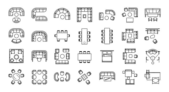 Professional Architectural Furniture Block Library for Floor Plans featuring 2D CAD Sofa and Couch Icons, Dining Tables, and Technical Blueprint Interior Design Elements