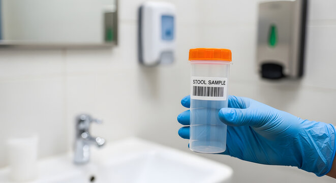 Human hand clutching a sterile plastic specimen container for fecal analysis, set against a bathroom background, illustrating medical diagnostic stool testing and laboratory healthcare checkup.