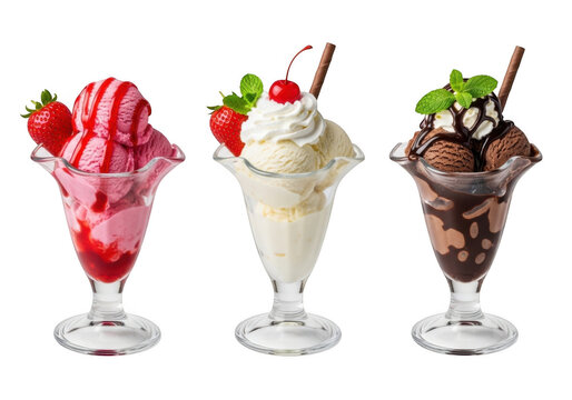 Three flavorful ice cream sundaes with fresh toppings and straws isolated on transparent background