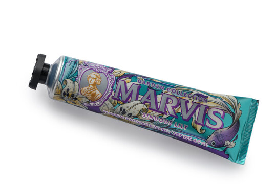 24 February 2026 Tbilisi, Georgia Marvis Sinuous Lily limited edition toothpaste rotating on white