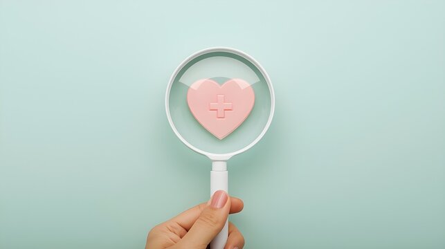 Health care checkup concept, Health insurance, Access to welfare health, Wellness, Magnifying glass focus on heart and plus icon on pastel green background, Heart disease banner with copy space