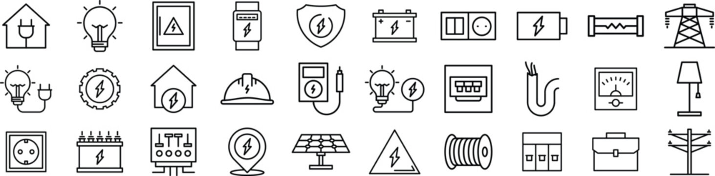 Electricity and Energy Line Icon Set with Power, Battery, Renewable, Electrical Equipment and Utility line icon pack