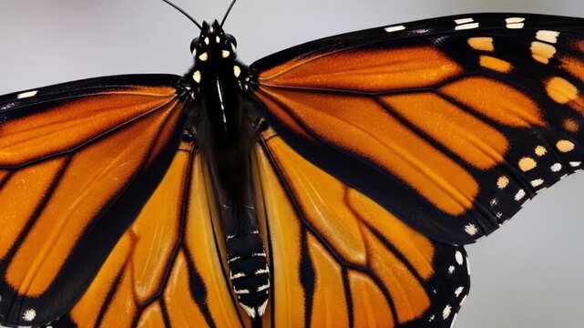 Close-up Macro Shot of a Monarch Butterflys Intricate Wing Patterns.