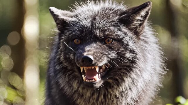 Close-up of a fierce black wolf snarling with teeth bared in the forest.