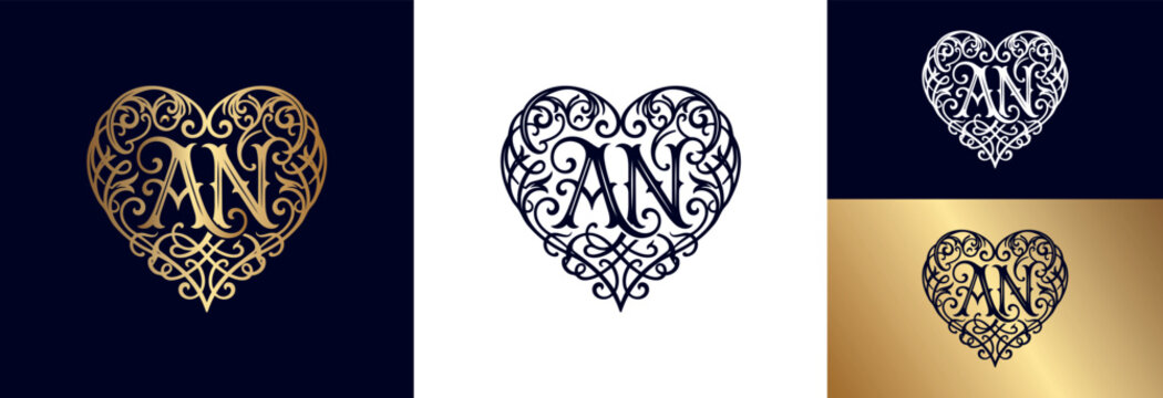 Luxury heart logo template featuring ornate filigree scroll work initials letter an.