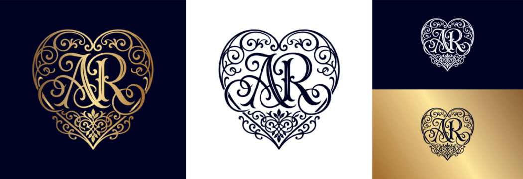 Upscale heart logo design with ornate filigree swirls and monogram initials ar.