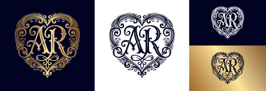 Elegant golden monogram AR heart shape flourish border isolated navy background.