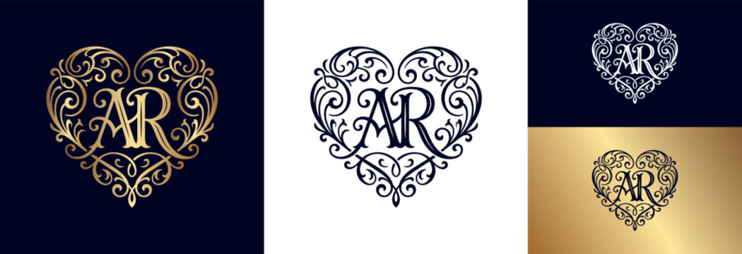 Black and white monogram AR heart shape flourish border isolated white background.