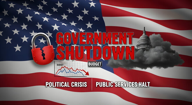 United States Federal Government shutdown concept overlaying American flag background illustrating national political crisis and fiscal budget impasse during legislative deadlock.