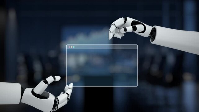 Futuristic robotic hands interact with a dynamic digital marketing dashboard, showcasing graphs and ad metrics in a sophisticated technology setting. Synapse