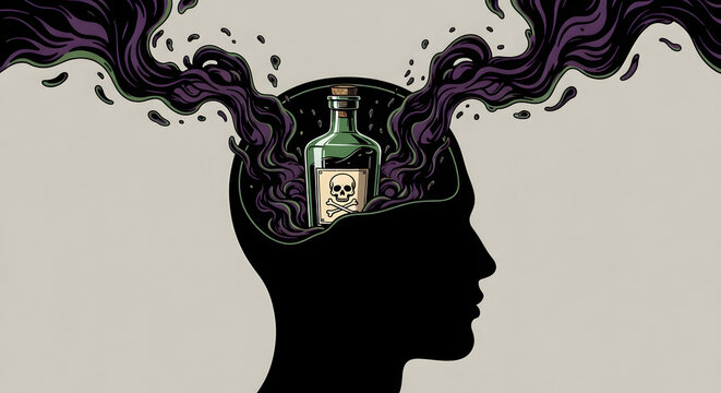 Surreal digital illustration representing toxic mindset psychology featuring a green poison bottle inside a dark human head silhouette symbolizing negative thoughts and mental health issues.