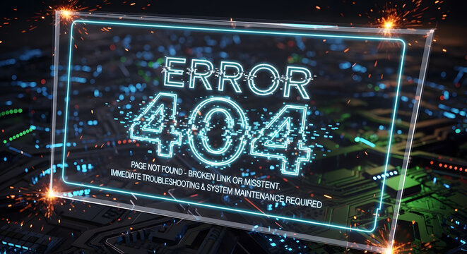 Technical malfunction displaying digital error 404 notification screen indicating broken internet webpage link missing server connection or disconnected computer data interface failure concept