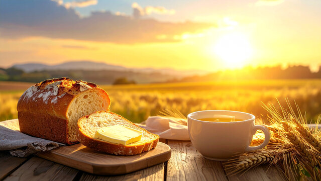 simple breakfast with bread and butter, morning meal concept, cozy lighting