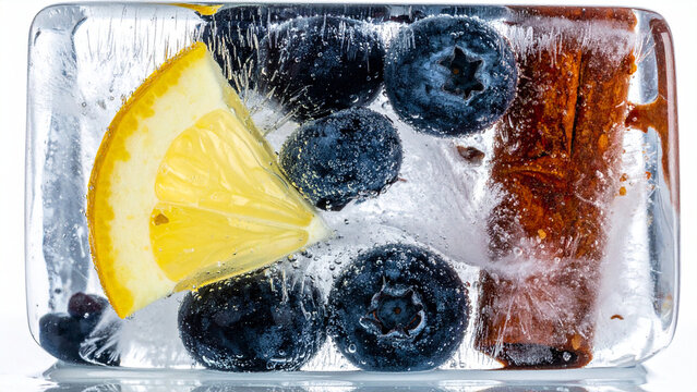 Food frozen in ice block, splashes and ingredients trapped in crystal clear ice