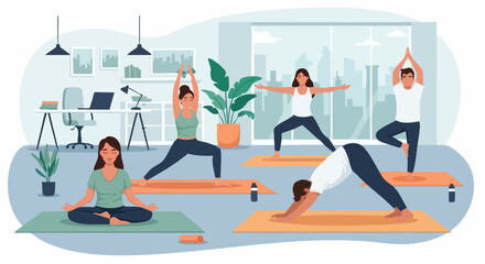 Fototapeta premium Group of diverse office workers practicing yoga during a break.