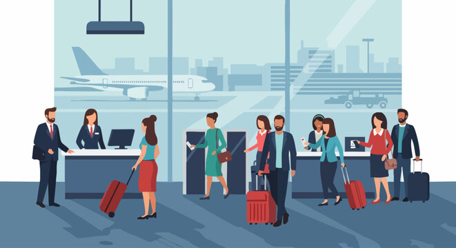 People at airport check-in counters with luggage.