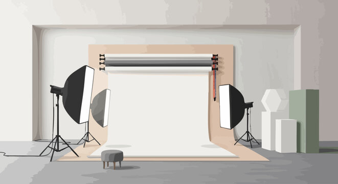 Professional photography studio interior with white background and lighting equipment.