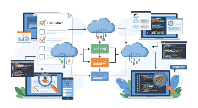 Detailed digital illustration of software quality assurance testing involving cloud network infrastructure, modern laptops, mobile smartphones, verification checklist, and bug debugging.