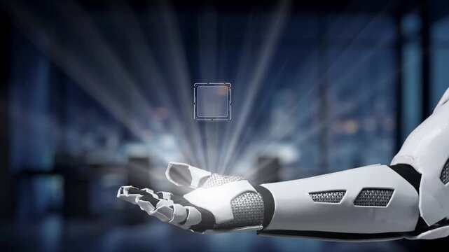 A robotic hand holds various digital marketing symbols, illustrating the intersection of technology and advertising in a sleek, modern office setting. Synapse