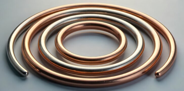 Curving metallic tubes in concentric circles showcasing the elegant interplay of warm copper and cool silver hues against a muted background