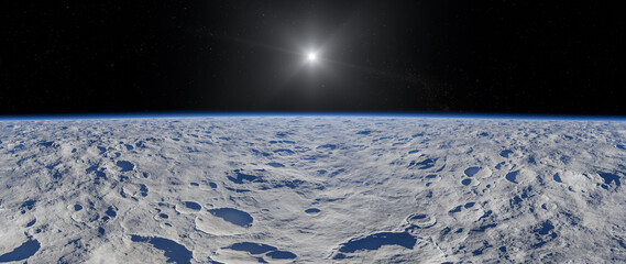 Moon Surface Horizon With Craters And Distant Sun Over Space — Lunar Landscape 3D Rendering © edb3_16