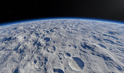 Moon Surface From Orbit With Craters and Horizon in Space – Detailed Lunar 3D Rendering © edb3_16