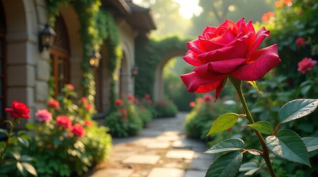 A vibrant crimson rose graces the foreground, its delicate petals kissed by morning dew, leading the eye down a sun-dappled garden path beside an ivy-covered structure