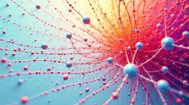 Intricate network of interconnected spheres and fine filaments radiating outwards in a vibrant spectrum of warm and cool hues