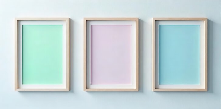 Three empty wooden frames with pastel colored backgrounds hang on a light textured wall