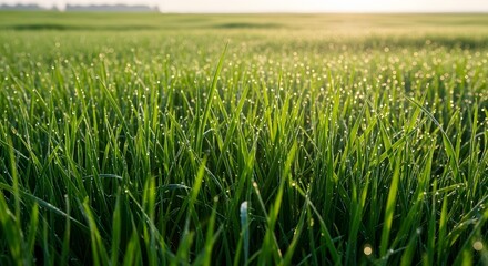 Fototapeta premium Rustic Aesthetic Dew Drops on Lush Green Grass Field at Sunrise