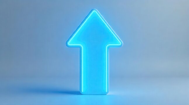 Blue neon arrow pointing upwards signifying progress, growth, and positive direction against a softly lit backdrop