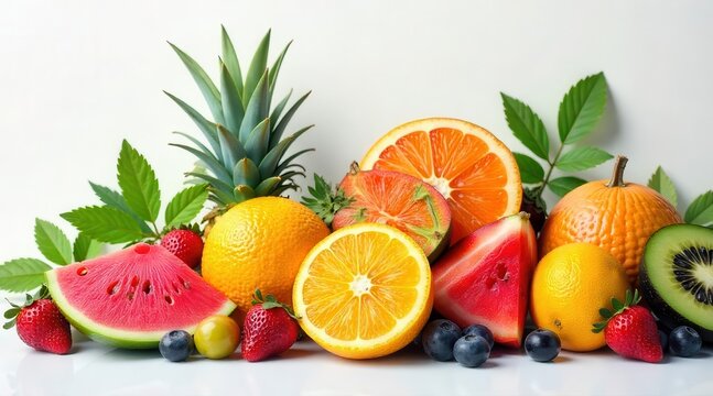 Vibrant assortment of ripe and juicy fruits beautifully arranged, showcasing a delightful spectrum of colors and textures