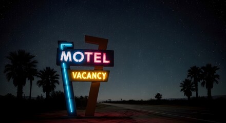 Obraz premium A Rustic and Aesthetic Night View of a Vintage Neon Motel Vacancy Sign on a Desert Road Under a Starry Sky