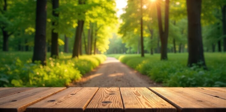 Sunlit pathway through a verdant forest with a rustic wooden surface in the foreground, perfect for product placement and natural scenes