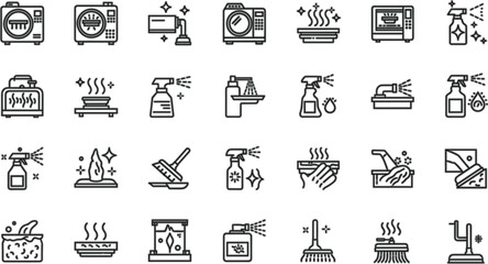 Fototapeta premium Cleaning and Household Appliances Line Icon Vector Set with Vacuum Mop Spray Kitchen and Home Hygiene Symbols