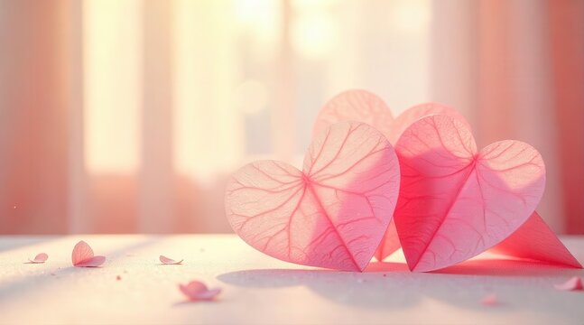 Gentle glowing hearts crafted from delicate translucent material softly illuminated by warm light creating an atmosphere of tender affection and peaceful romance