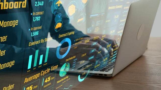A modern workspace showcasing a business professional analyzing data on a laptop. Interactive dashboard elements reflect inventory metrics and analytics for informed decision-making. Cipher