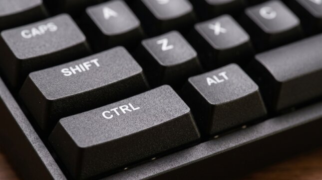 Close-up view of the control, shift, and alt keys on a black computer keyboard.