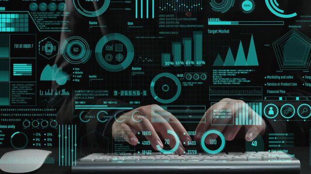 Dynamic image showcasing hands typing on a keyboard with an interactive analytics dashboard displaying business metrics and statistical graphs for data-driven decision-making. Cipher